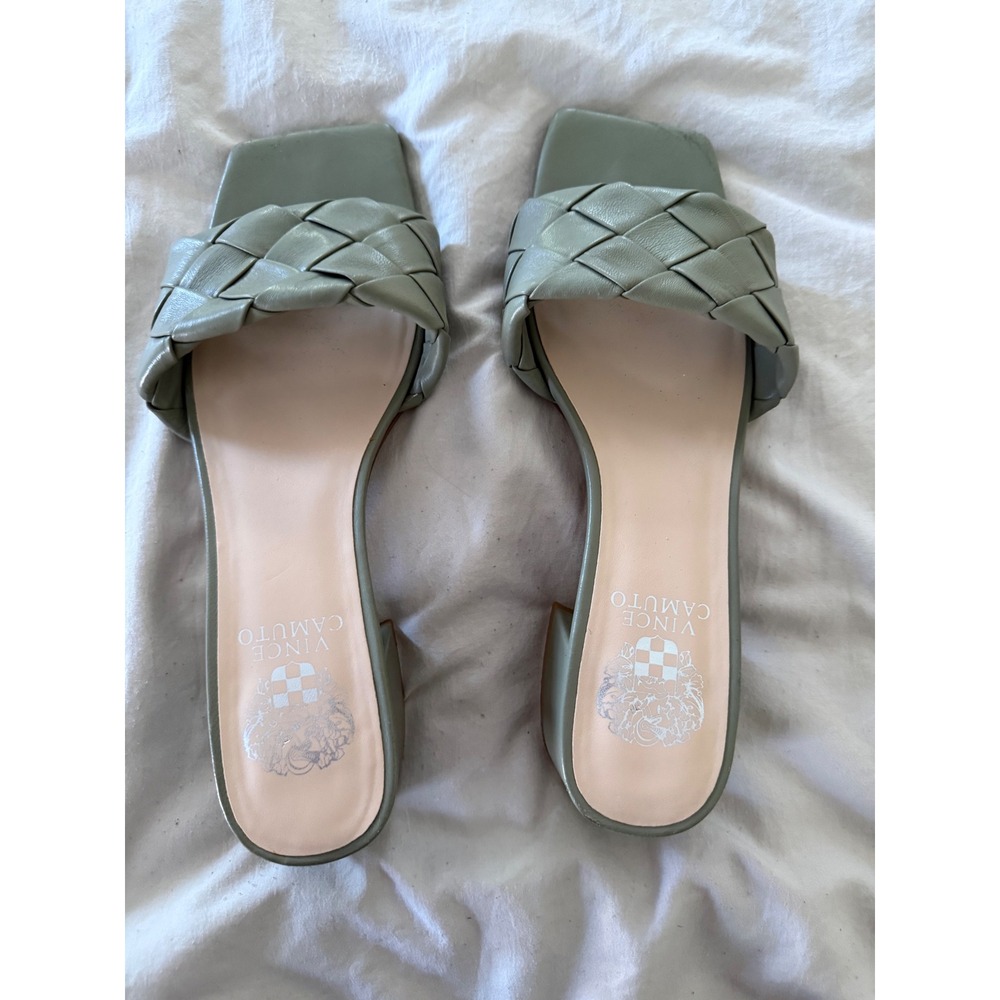 Vince Camuto Sage Green Woven Leather Square Toe Slide Sandals Womens 9 Low Heel - Picture 1 of 4